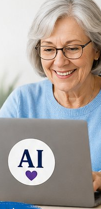 A smiling senior woman using a laptop, learning comfortably at home.